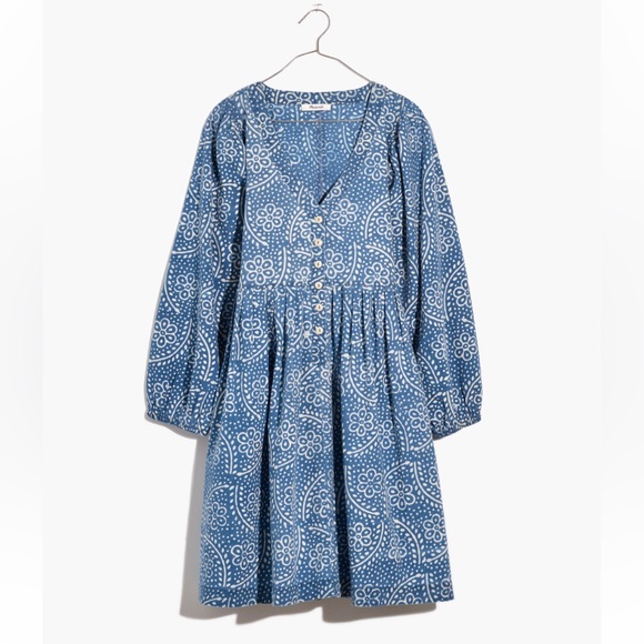 Madewell Dresses & Skirts - Madewell Indigo Block Print Button Front Balloon Sleeve Mini Dress, Size S